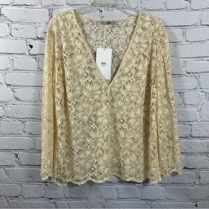 Zara Women’s Lace V-Neck Sheer Top Floral Pullover Long Sleeves Cream L NWT